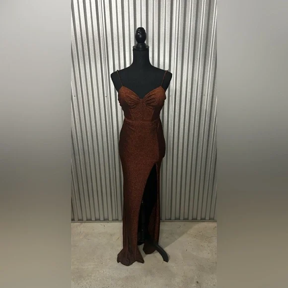 Women’s Jules & Cleo Design Nylon Metallic Spandex Orange Formal Maxi Slit Dress - Picture 1 of 9